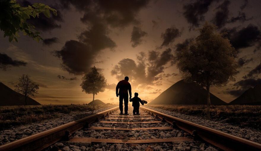 Railway - father and son, walking, railway