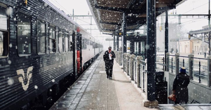 Winter Railway - Man Walks Beside Train